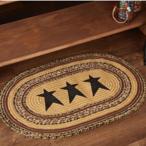 VHC Farmhouse Black Tan Stars Variegated Country Oval  Primitive Star Jute Braided Oval Rug Country Farmhouse Floor Mat Cottage